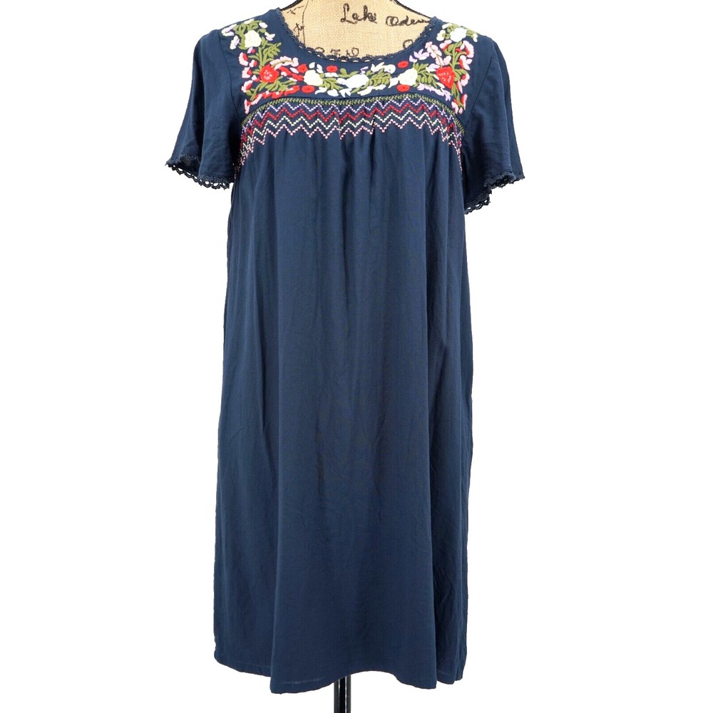 ModCloth Navy Floral Embroidered Boho Shift Dress Womens Sz S Artisan Peasant